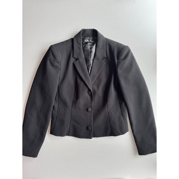 ZARA Black Crepe Oversized Single Breasted Cropped Blazer Suit Jacket, Size L - Picture 5 of 12